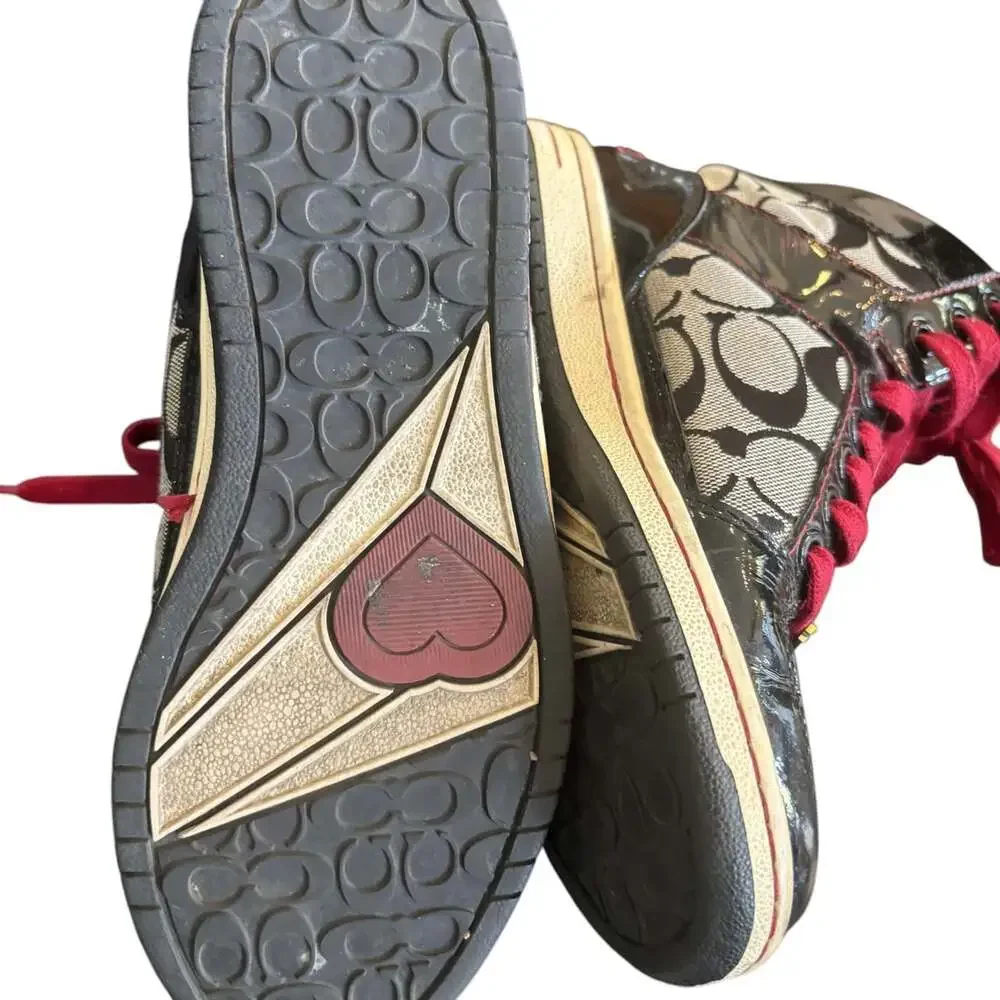 Coach Norra High Top Sneaker Q368 Women's 6 Black Signature Canvas Patent Red